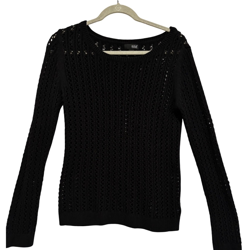 Ana Womens Black Open Knit Crochet Pointelle Sweater sz L Goth Dark Fairy Beach